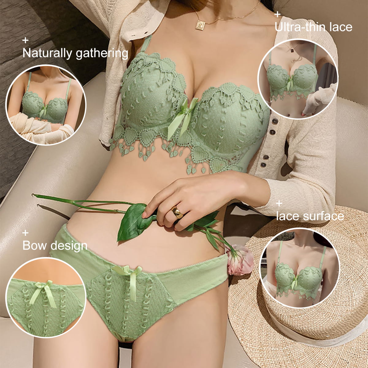 Sexy Lace Bra Set Underwear Glossy Solid Fruit Green Color Lace Push Up Bra  and Panty
