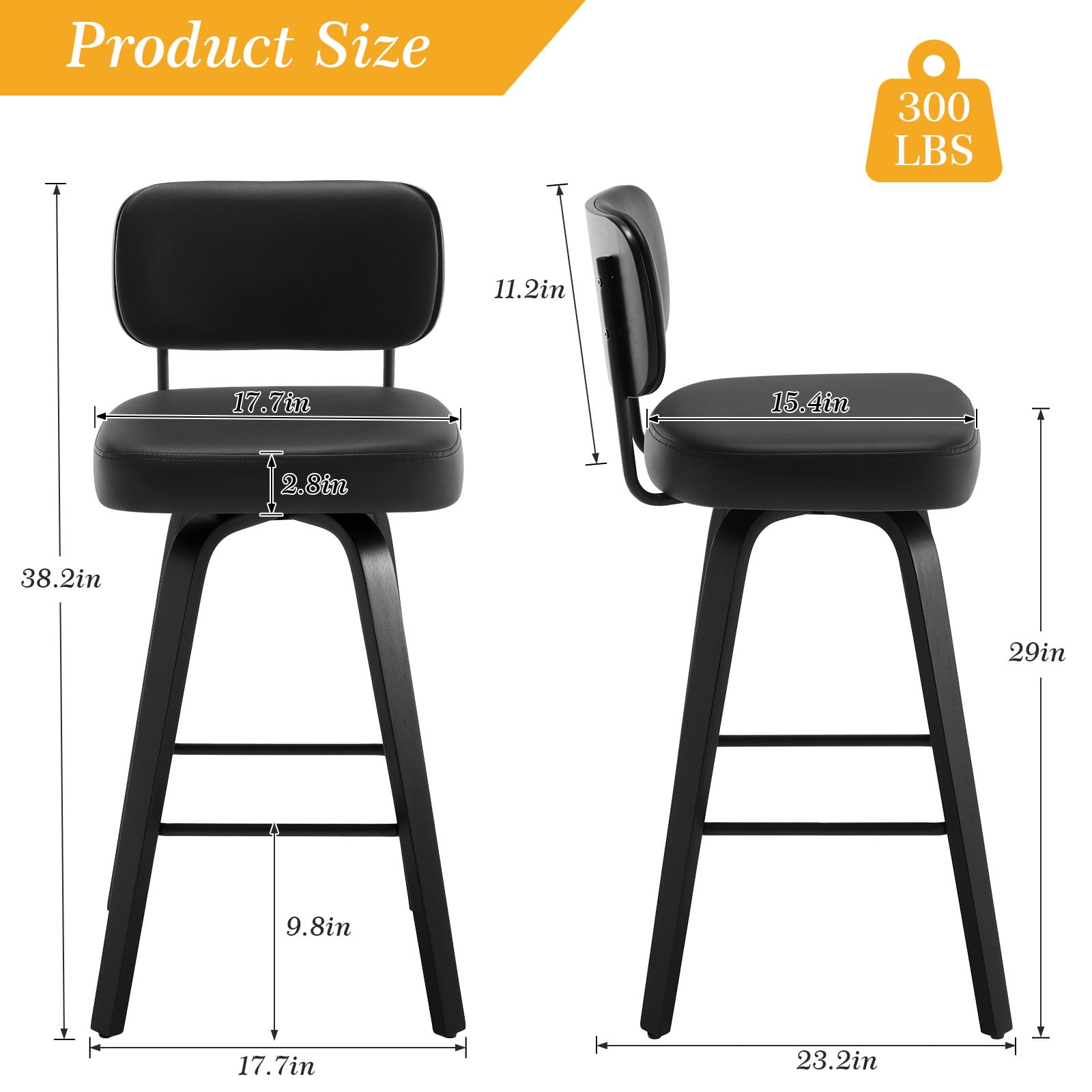 ANMINY Swivel Counter Height Bar Stools, Set of 1, Upholstered Faux Leather Barstools with PU Back, 29" Seat Height Bar Chairs for Kitchen Island, Bentwood Wood Frame