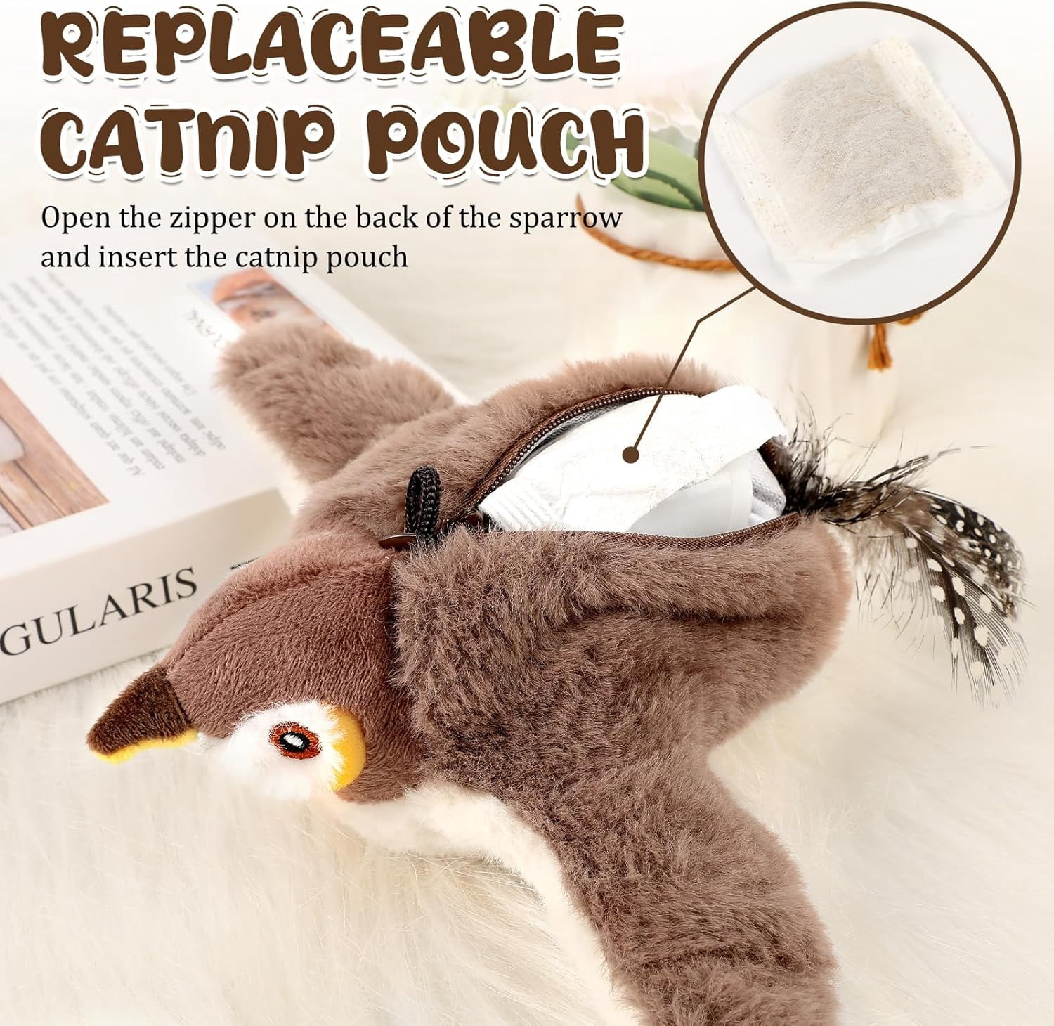 CLIQKWEN Interactive Chirping Flying Bird Cat Toys for Indoor Cats - Electric Sparrow Toy with Flapping Wings, Realistic Plush Pet Toy for Boredom Relief, Pajarito Volador Para Gatos