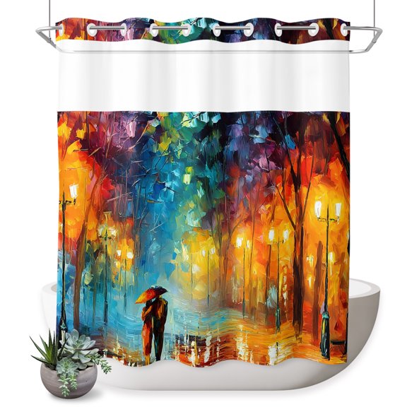 No Hook Shower Curtain, Yellow Blue Street Shower Curtains for Bathroom with See Through Top Window, Couples Modern Abstract Art Waterproof & Washable Bath Curtain 66"x72"