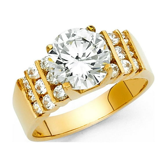 14k Yellow Gold Big Solitaire CZ Engagement Ring Anniversary Round CZ Wide Band Side Stones New Size 7