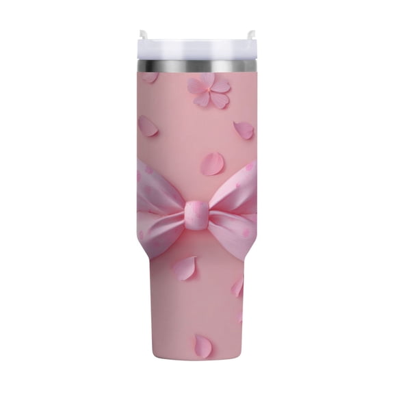 40 oz Tumbler With Handle Stainless Steel Insulated Tumbler With Lid for Car Cup Holder Butterfly Knot Decoration