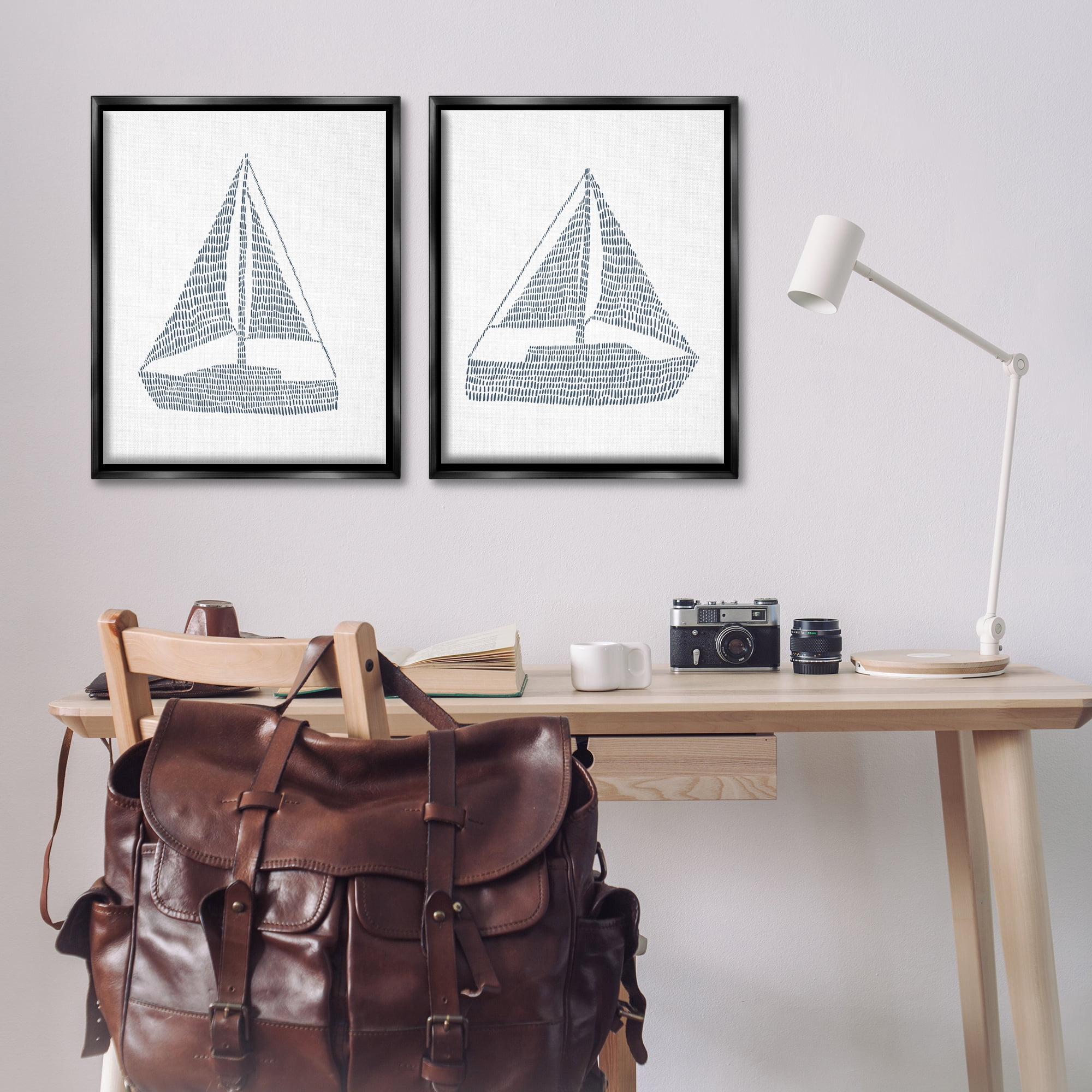 Stupell Industries Simple Lines Nautical Sailboats Nautical & Beach Painting Black Floater Framed Canvas Art Print Wall Art, 31 x 25, Set of 2