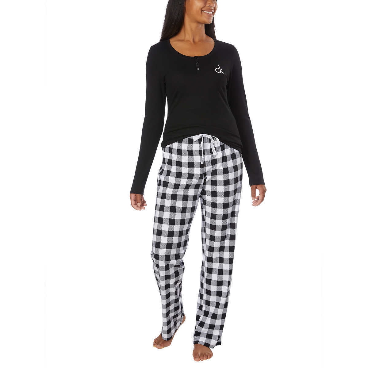 Calvin Klein Ladies' Fleece PJ Pajama Set 2 Piece, Black/White Plaid Medium  