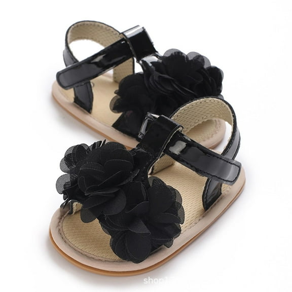 Zwiiyzr 2024 Baby Girls Sandals Infant Toddler Shoes Open Toe Ankle Strap Summer Flower Shoes Walking Shoes Flat Soft Soled Sandals 6-12 Months Black