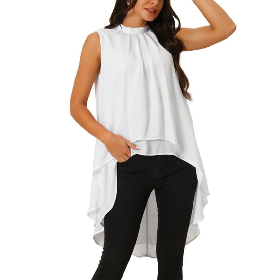 INSPIRE CHIC Women's Chiffon Tops Mock Neck Sleeveless Tie Back High Low Hem Summer Shirt Blouse S White