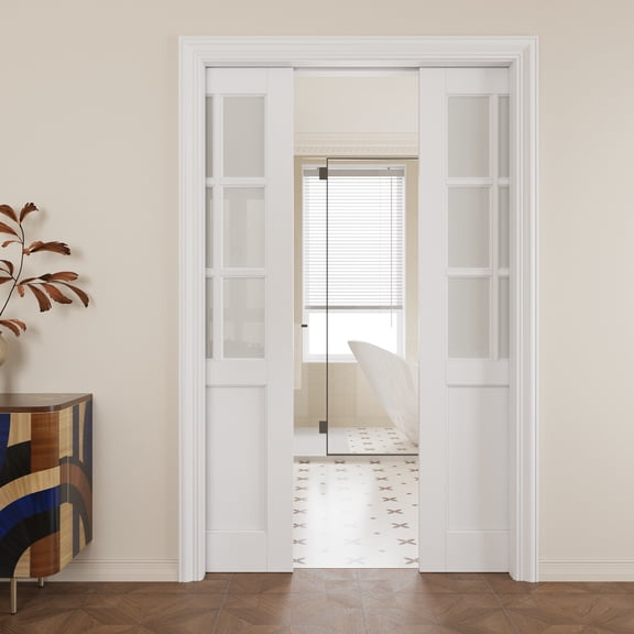 48" x 80" (Double 24") 6-Lite Frosted Glass Pocket Doors with Soft Close, Solid Door Panel & Pocket Doors Hardware & Frames, Bathroom Door, Bedroom Door, Pre-finished & Paintable, White