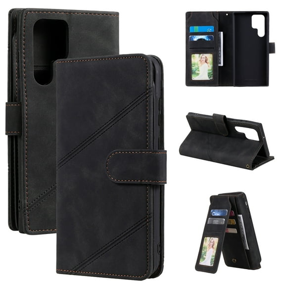 Allytech Luxury Wallet Case for Samsung Galaxy S23 Ultra with Wrist Strap, [9 Card Slots] [1 Cash Pocket] Premium PU Leather   Soft TPU Shockproof Magnetic Clasp Kickstand Protective Case, Black