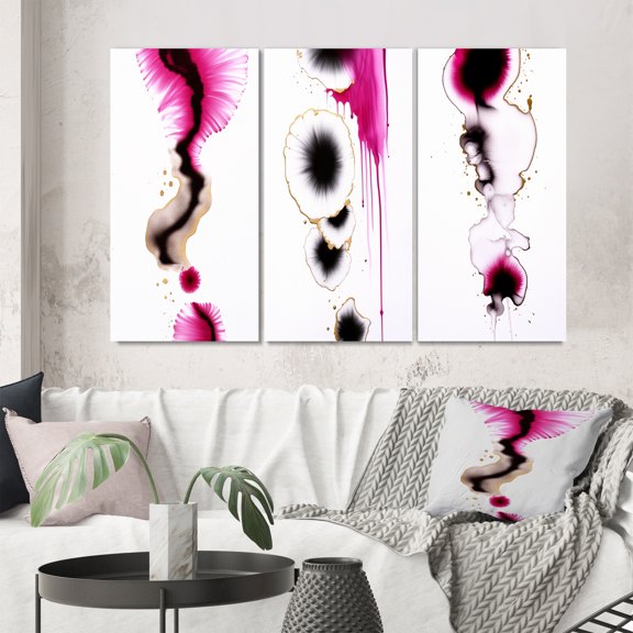 Designart "Fusion in Magenta Minimal Ink Clouds II" Abstract Painting Wall Art Set Of 3 - Modern Black Gallery Wall Set For Home Decor