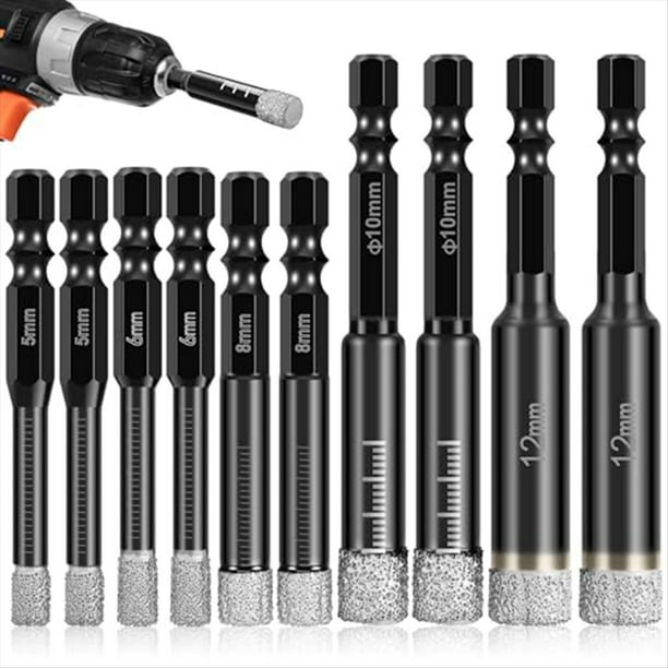 Juego de Brocas de Diamante Seco de 10 Piezas, 3/16 Pulgadas, 1/4 Pulgadas, 5/16 Pulgadas, 3/8 Pulgadas, 1/2 Pulgadas para Granito, CeráMica, MáRmol, Vidrio, No para Madera