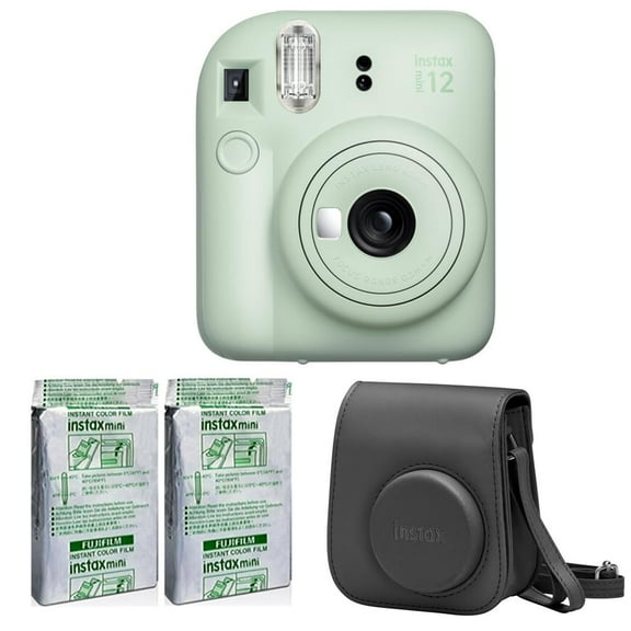 Fujifilm Instax Mini 12 Instant Camera Accessory Kit (Mint Green) with Instax Mini Film - Foil Pack (2 Pack) & Charcoal Gray Case
