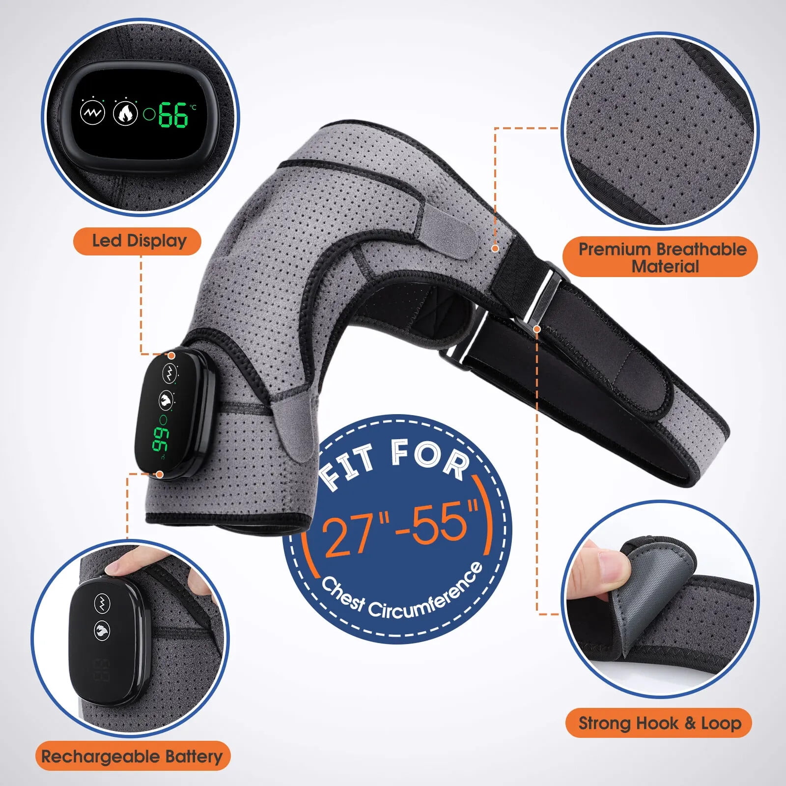 Heated Shoulder Brace Massage Rotator Cuff Support Compression Wrap, Electric Shoulder Heating Pad,5000mAh Rechargeable Black