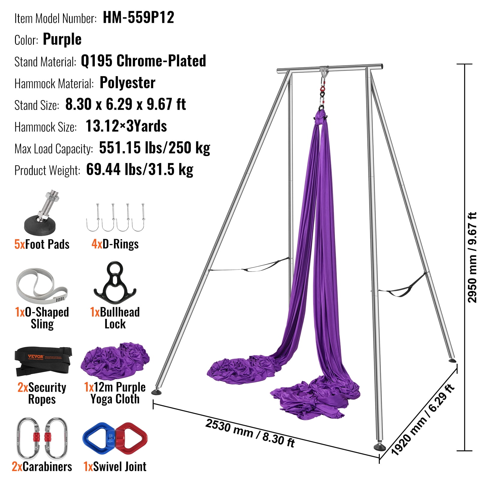 KFFKFF Yoga 551.15 lbs Swing Stand Hammock Aerial Silk Kit Load Yoga Frame Purple