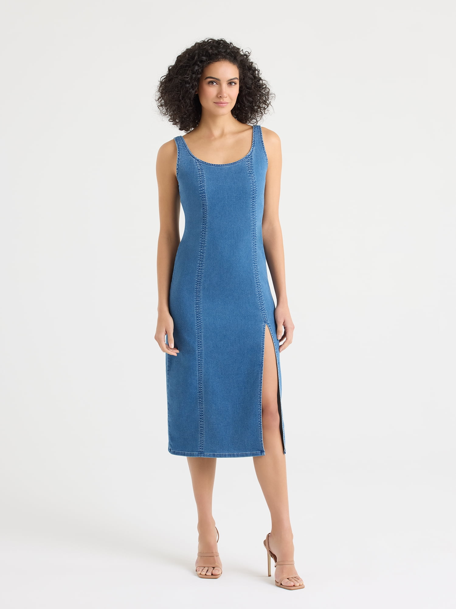 Sofia by Sofia Vergara Women's and Women's Plus Size Mock Denim Knit Dress, Mid Calf Length, Sizes XS-4X