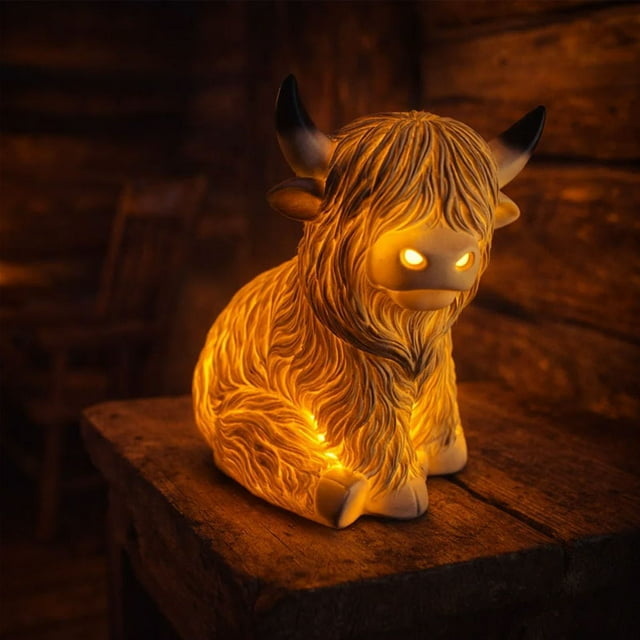 Lámpara de adorno de vaca de las Tierras Altas, luz de noche navideña para mesita de noche, lámpara de ganado brillante, adorno de vaca coleccionable para mesita de noche, estantería, hogar, oficina,