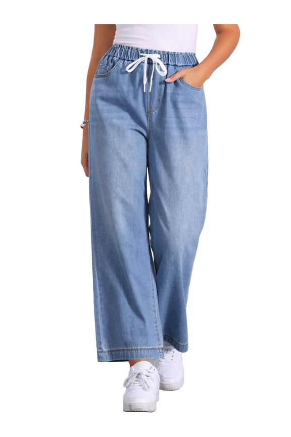 Women's Trendy Elastic Waist Wide Legs Drawstring Jeans M Light Blue