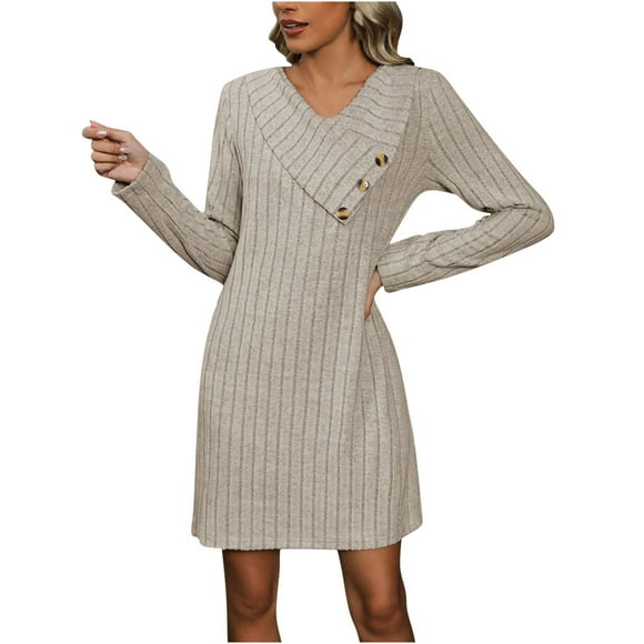 Sweater Dress, Women's Long Sleeve Casual Dress in Solid Color, Soft Polyester Knit Dress for Fall and Winter Daily Wear