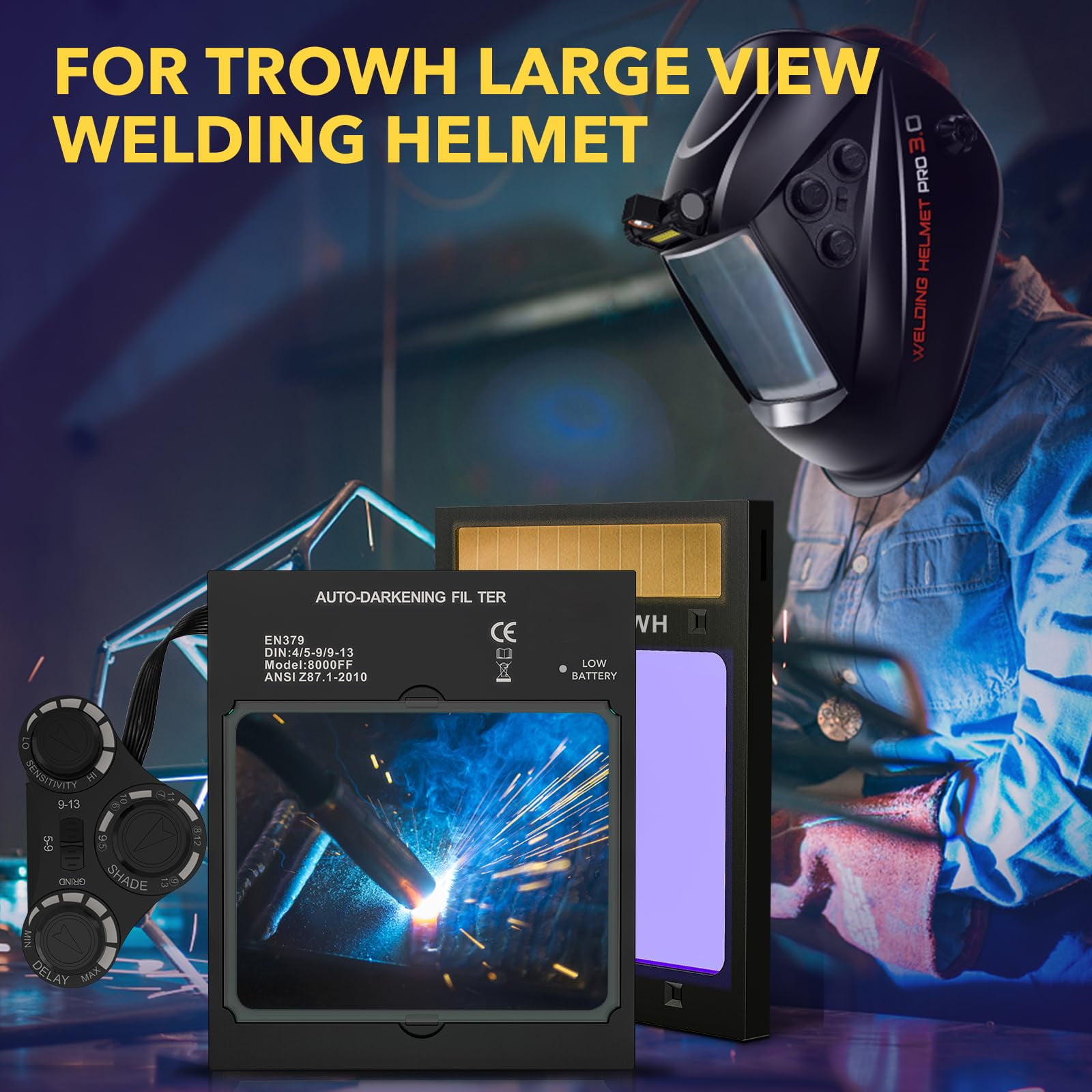 TRQWH Large View Auto Darkening Welding Lens 4.49 * 5.24in Solar True Color Filter with 4 Arc Sensor Adjustable Shade Range 4/5-9/9-13 Replacement Welding Helmet Accessories for TRQWH Welding Hood