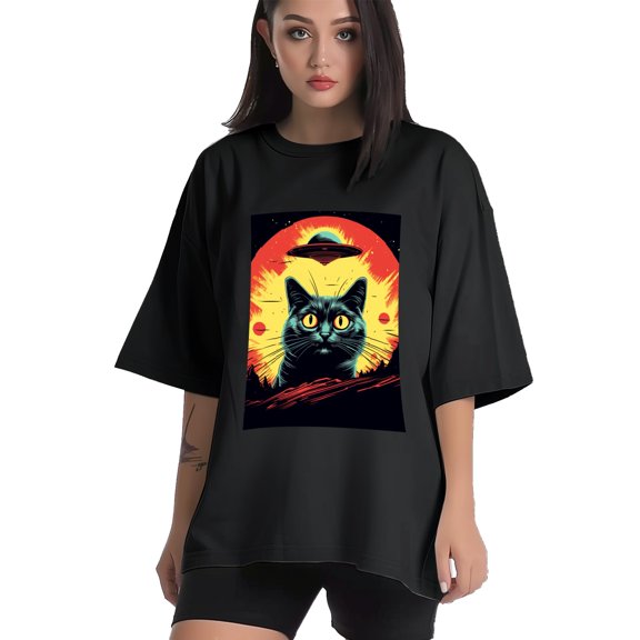 Plus Size Shirt for Women Black Tops for Women Short Sleeves Shirt for Women Retro Black Cat T Shirt Crewneck Shirt for Women XS