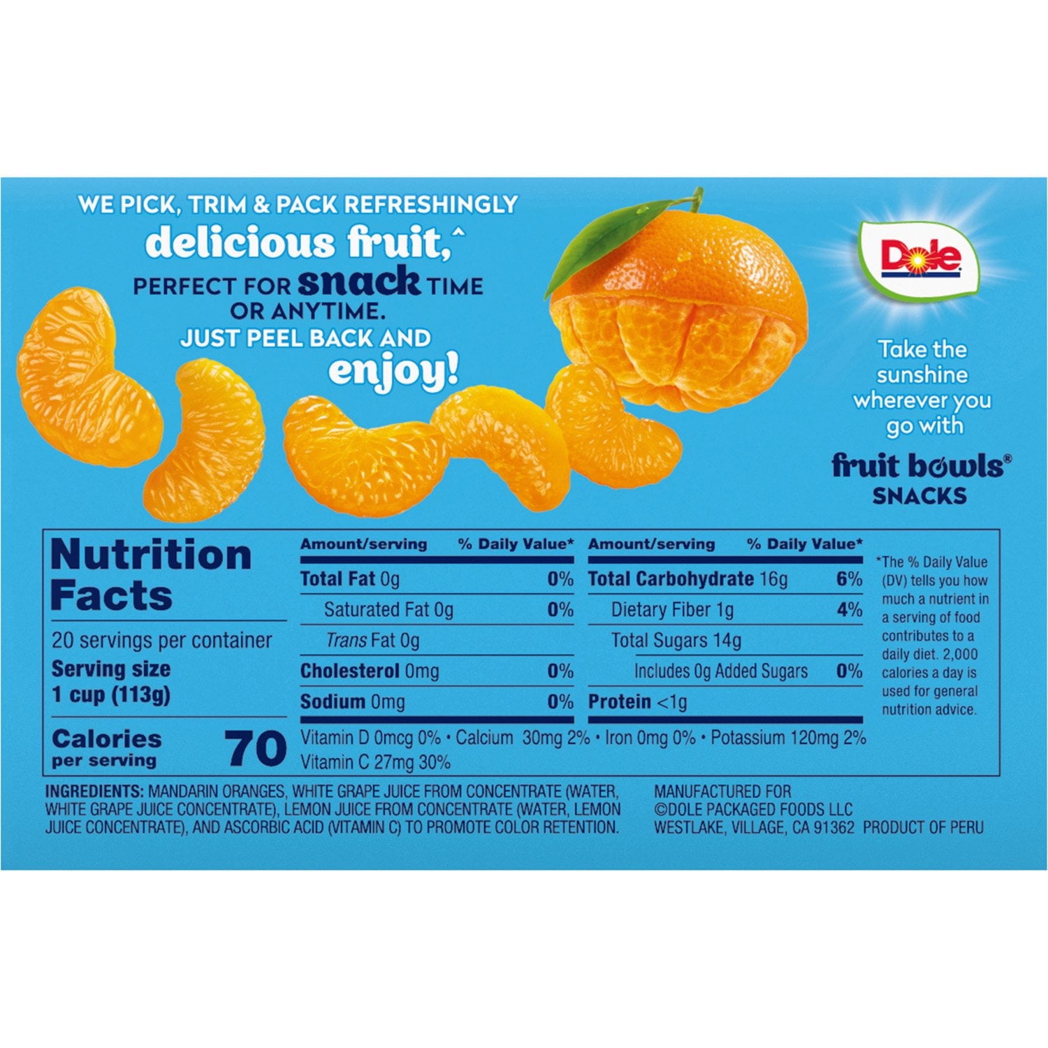 Dole Mandarins in Juice Fruit Cups, 4 oz., 20 ct. With White Bowl By OMA