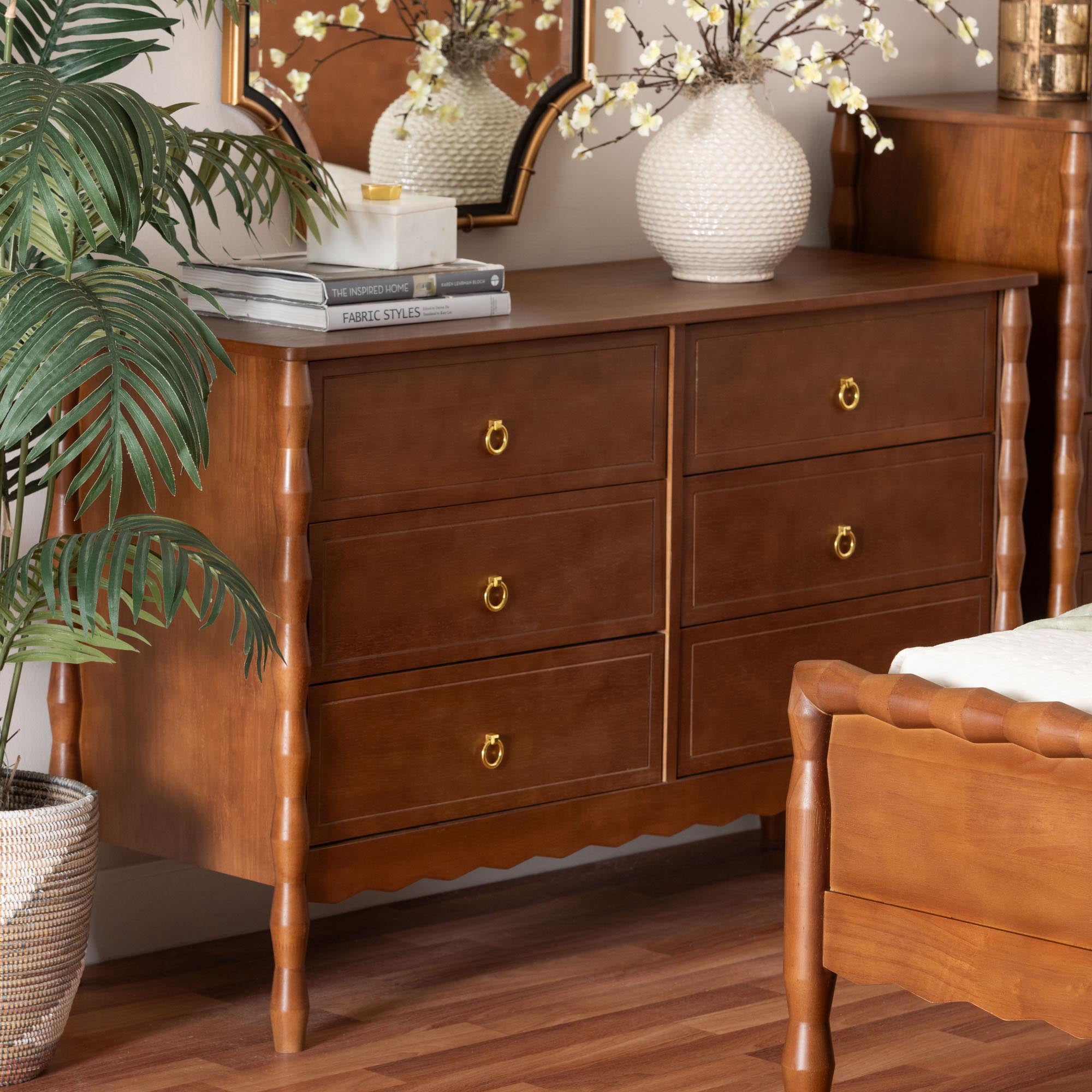 Baxton Studio Seamus Mid-Century Modern Dresser, 6-Drawer, Walnut Brown