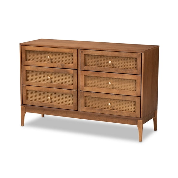 Baxton Studio Ramiel Mid-Century Modern Ash Walnut Finished Wood and Rattan 6-Drawer Dresser