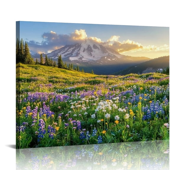 Patifu Wildflower Wall Art Canvas Prints Snow Mountain Wall Decor Purple Wildflower Landscape Painting Nature Artwork for Home Living Room Bedroom Decorations  20x16in