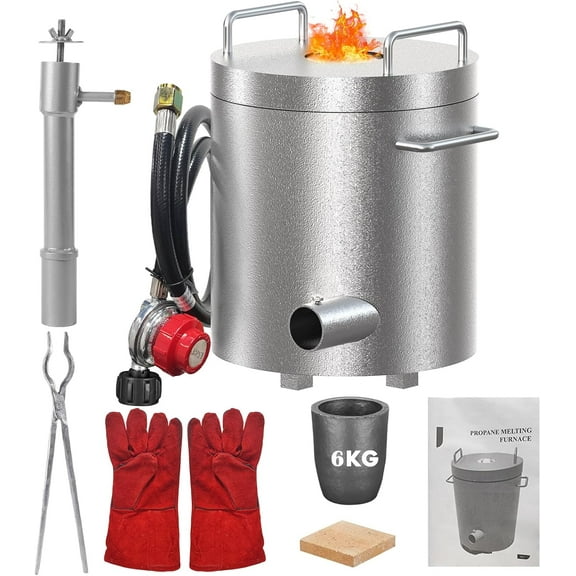 Propane Melting Furnace Kit 6KG Smelting Furnace Kit 1300°C/2372°F with Crucibles & Tongs Kiln,Stainless Steel Smelter for Metal Scrap Recycle,Gold Copper Silver Aluminum Metal Casting Machine