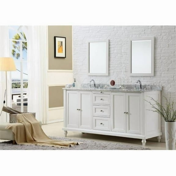 70 in. Classic Pearl White Double Vanity Sink Cabinet with Carrara white marble top
