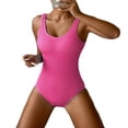 thumbnail image 2 of Women One Piece Swimsuit Solid Ribbed Monokini Swimwear Scoop Neck Low Back Bathing Suit Hot Pink S, 2 of 6