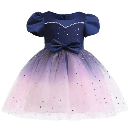 

B91xZ Prom Dresses For Teens Child Girls Short Sleeve Pageant Dress Birthday Party Kids Paillette Overall Dresses for Girls Blue 3-4 Years