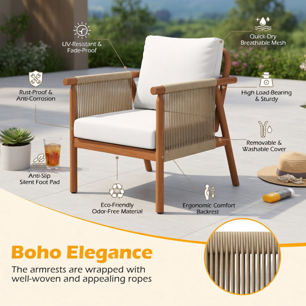 Hommoo Acacia Wood Patio Chair with Woven Rope Armrests, Outdoor Dining Chair for Backyard, Balcony, Porch, Ergonomic 106° Recline, White