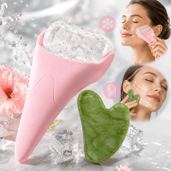 Ice Roller for Face and Gua Sha Facial Tool Set, Ice Face Roller Reduces Puffiness Relieves Migraines Skin Care Tools, Self Care Gift for Women - Pink
