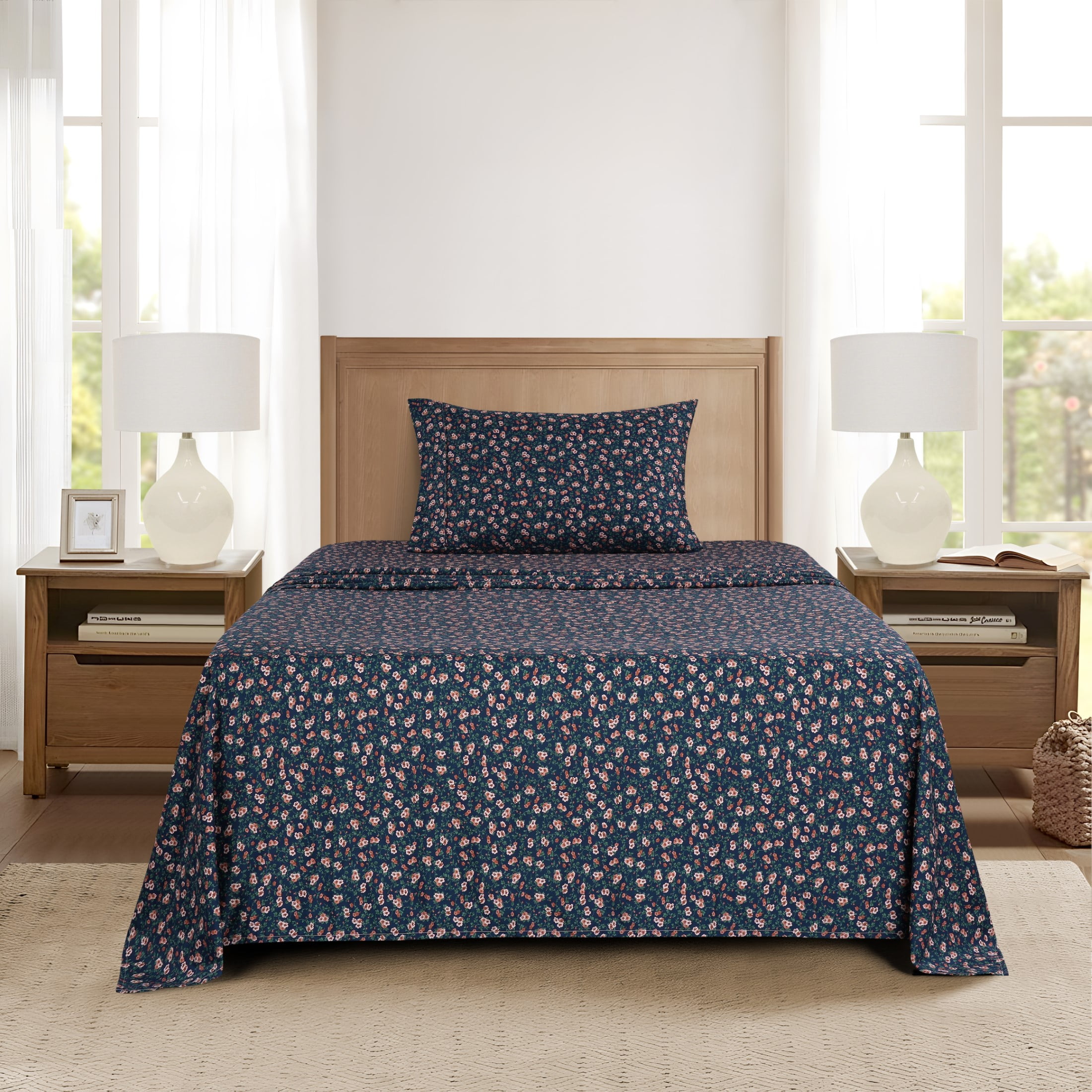 Mainstays Super Soft Brushed Microfiber Bed Sheet Set, Blue Multi Floral, Twin-XL, 3 Piece
