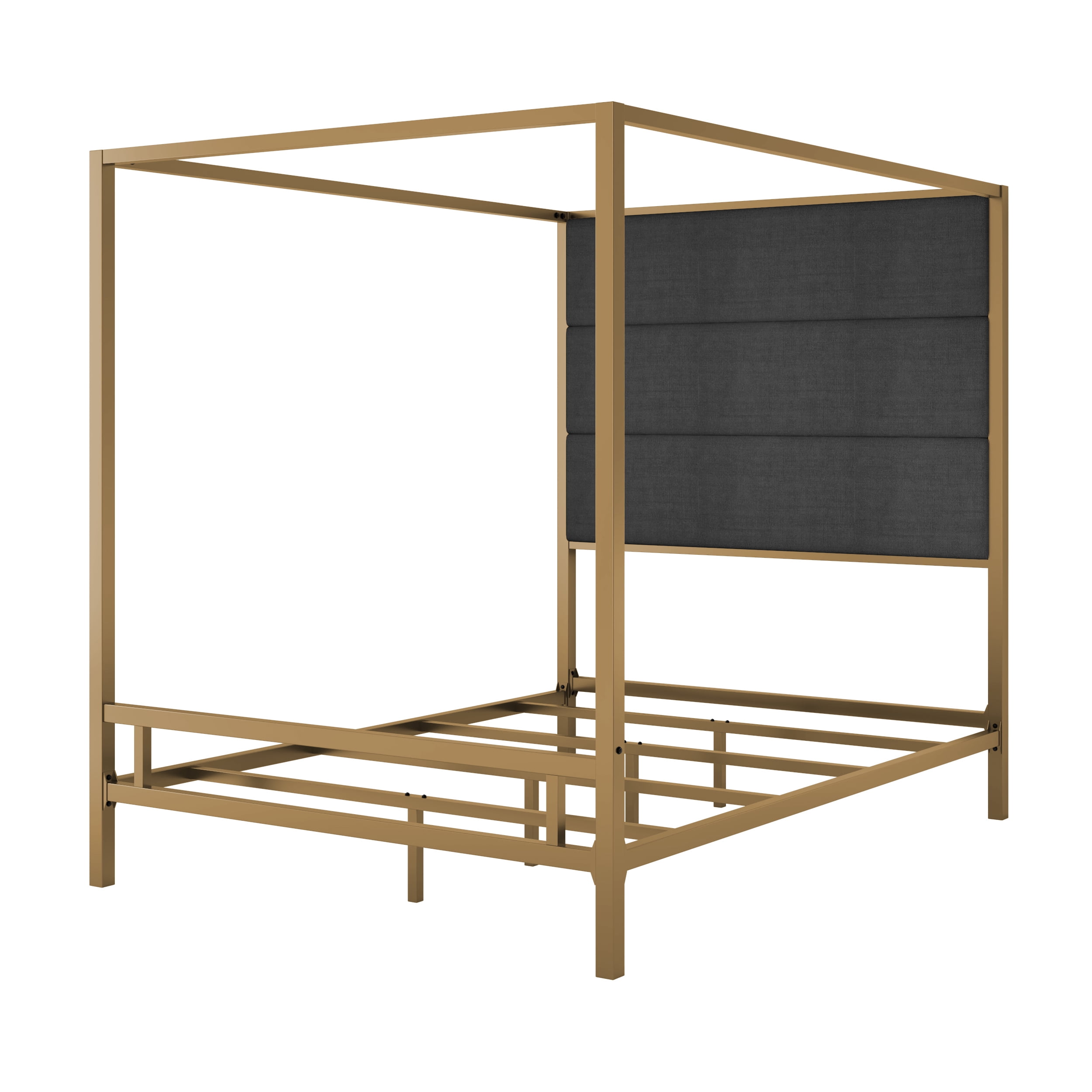 Euroco Metal Queen Size Canopy Bed with Linen Fabric Upholstered Headboard, 4-Poster Platform Bed, No Box Spring Needed, Gold
