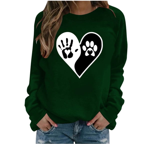 Valentine Funny Sweatshirts Women Handprint Cat Paw Heart Sweatshirt Crewneck Pullover Top Outfits