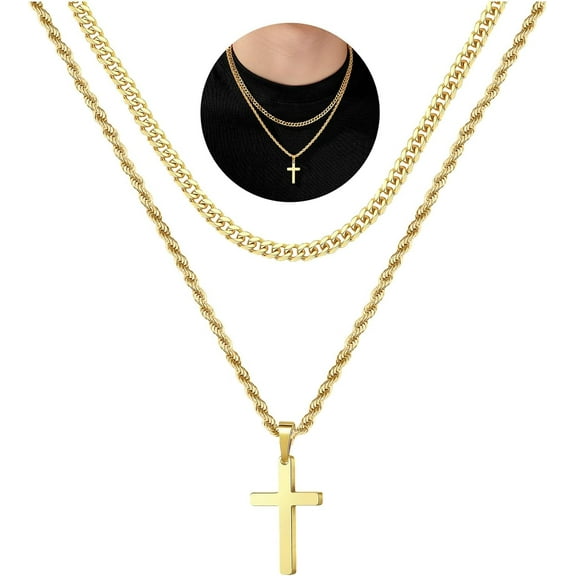 Soleilie Cross Necklace for Men, Gold Black Silver Mens Cross Necklaces Stainless Steel Cross Pendant Necklace Simple Jewelry Gifts Cross Chain Necklace for Men