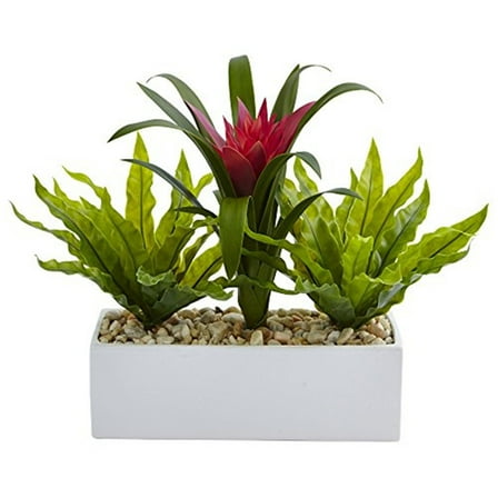 Nearly Natural Bromeliad and Birdsnest with Planter in Green