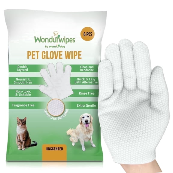 6pc Premium Textured Pet Glove Wipes for Dogs & Cats – Lifts Dirt & Debris, Deodorizing, Hypoallergenic with Aloe Vera