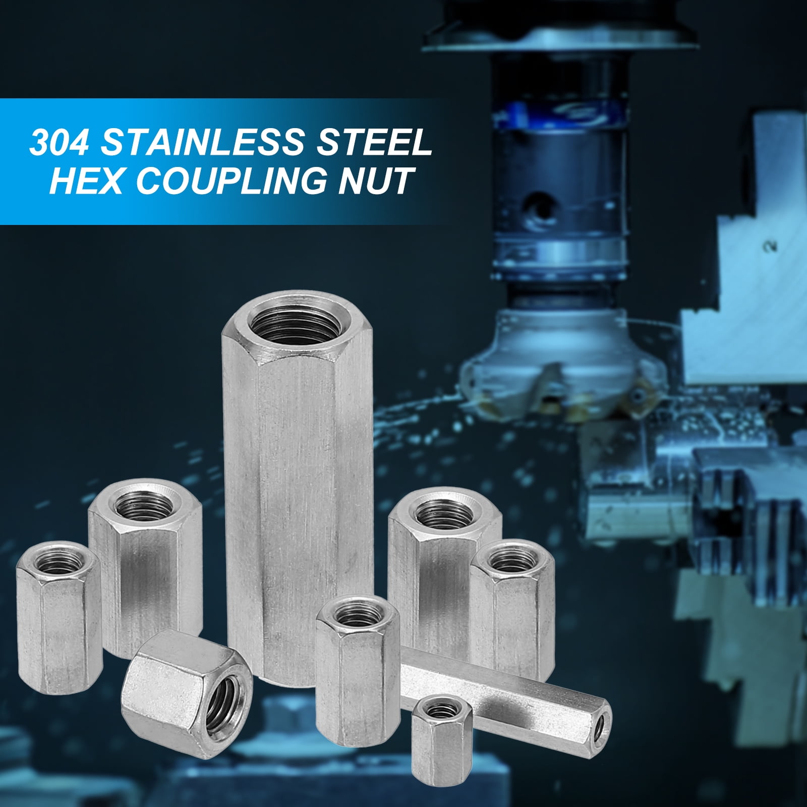 Uxcell M10x1.5mm Stainless Steel Hex Coupling Nuts, 6pcs 40mm Threaded Rod Connector