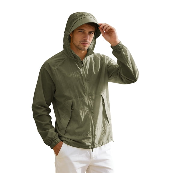 JoveMarine Unisex UPF 50 Summer Jacket - Lightweight Sun Protection Hoodie for Men Quick Dry Waterproof Breathable Couple Skin Sun Protection for Hiking Running,Army Green L