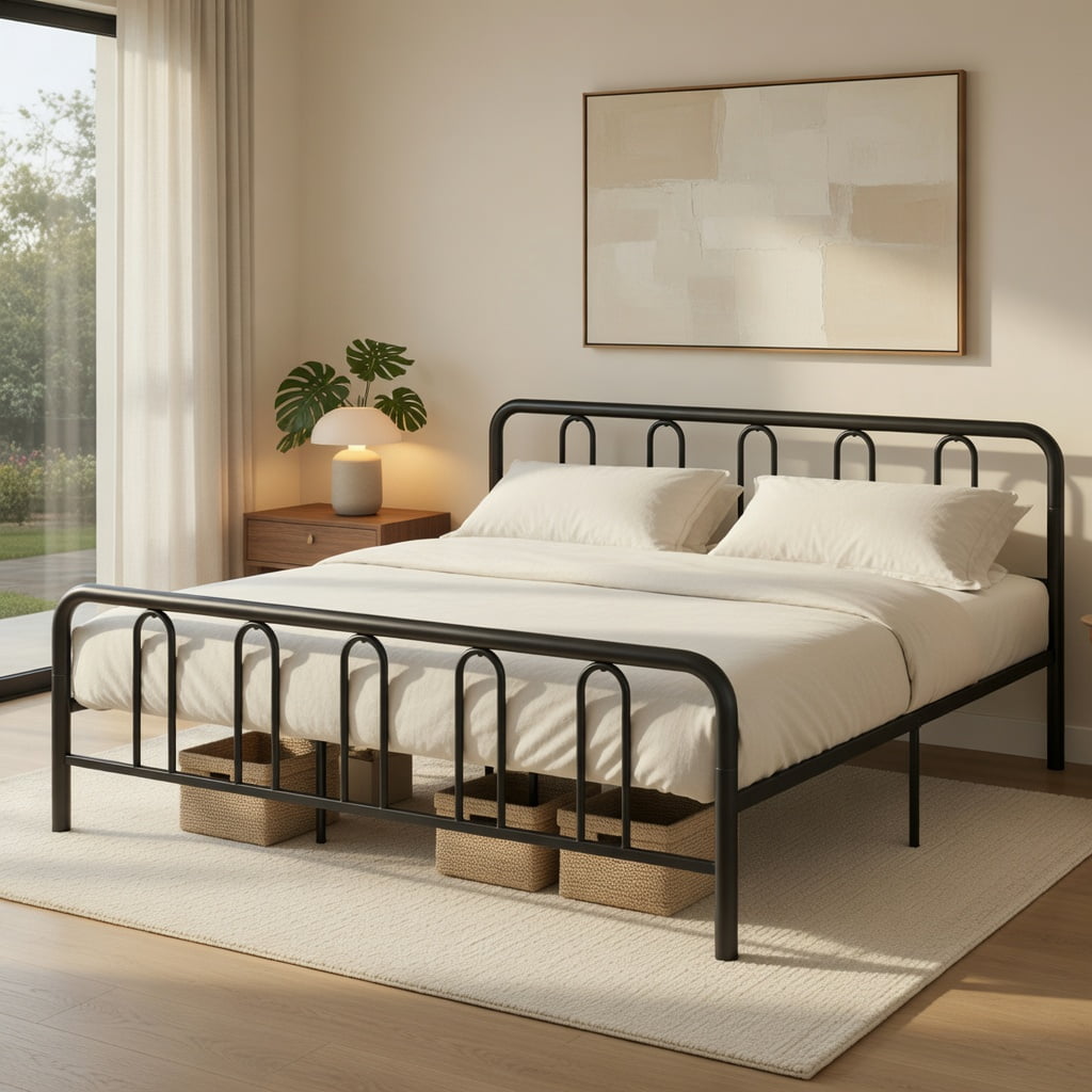 Demi Bonn King Size Metal Bed Frame, Headboard & Footboard, 1100LBS Capacity, Rustproof Finish, Noise-Reduction Foam & Non-Scratch Pads, Black