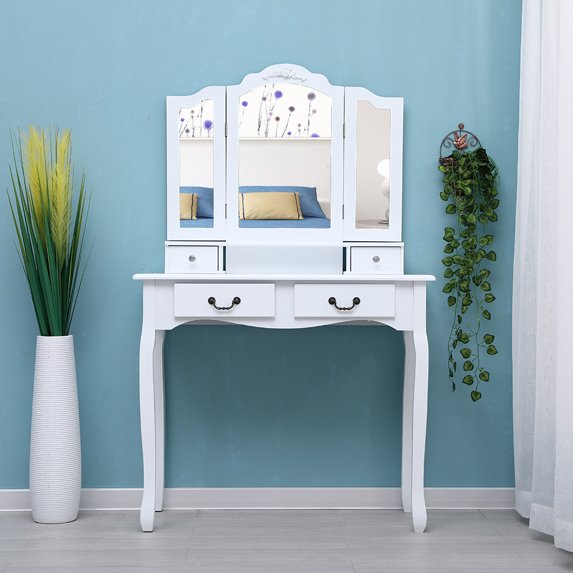 Cosmetic Table, Vanity Set for Teen Girls, Vanity Set with Cushioned Stool, Dressing Table with 4-Drawer 360-Degree Rotation Removable Mirror Dresser, S10409
