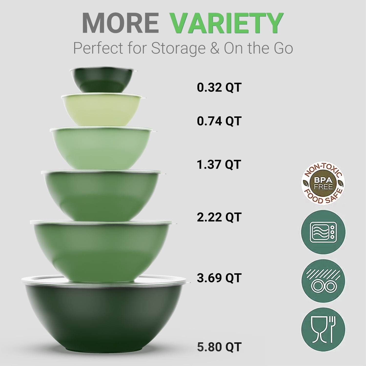 TINANA Plastic Mixing Bowls with Lids Set, 12 Piece Green Ombre Mixing Bowl Set for Kitchen, Nesting Bowls with Lids Set, 6 Prep Bowls and 6 Lids, Diswasher and Freezer Safe