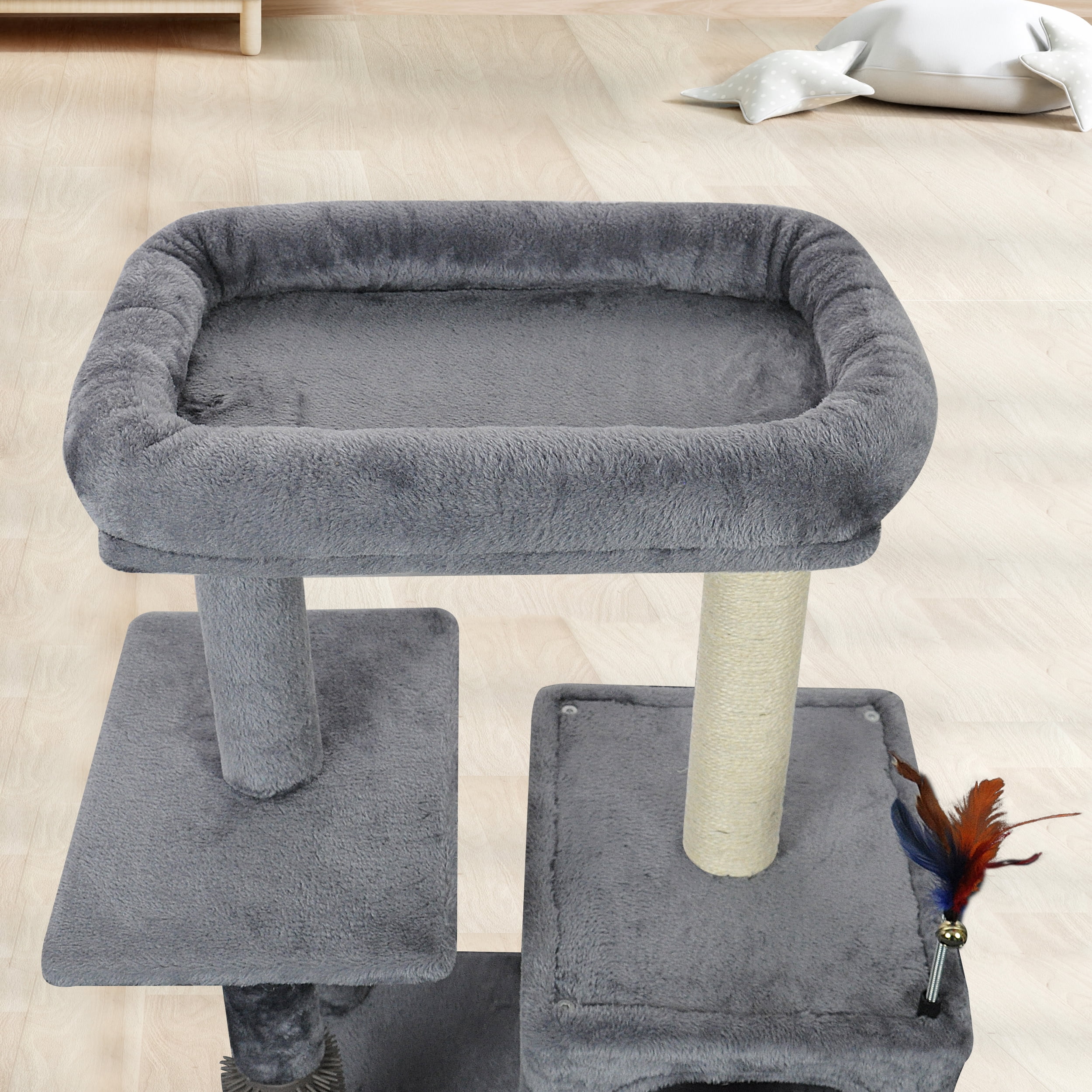 WK 31.50" Cat Tree for Indoor Cats with Cat Condo and Scratching Post,Cute Cat Tower with Self-Grooming Brush and Toy Balls,Grey
