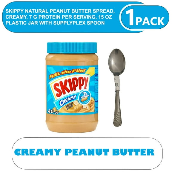 SKIPPY Natural Peanut Butter Spread, Creamy, 7 G Protein per Serving, 15 oz Plastic Jar with supplyplex spoon