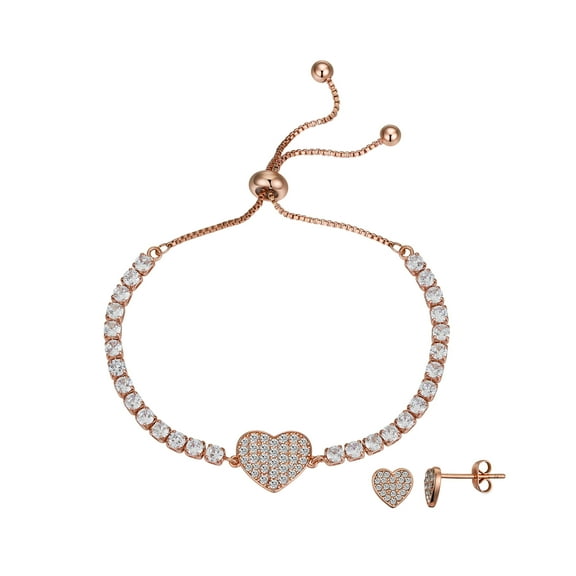 Believe by Brilliance Women's 14Kt Rose Gold Flash Plated Cubic Zirconia Heart Bolo Bracelet and Stud Earring Set, Adjustable