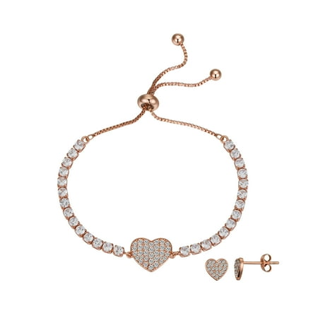 Believe by Brilliance Women's 14Kt Rose Gold Flash Plated Cubic Zirconia Heart Bolo Bracelet and Stud Earring Set, Adjustable