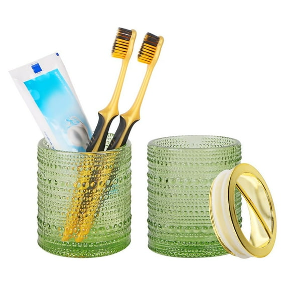 Glass Toothbrush Holder Set, 10oz Bathroom Tumbler Cup, Gold Tooth Brush Holder Storage Cup Organizer for Bathroom Accessories, Brushes, Toothpaste, Razor