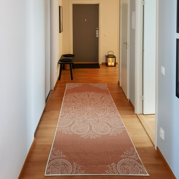 Oriental Decorative Rug, Abstract Round Mandala Designed with Flower Leaves and Stems Elements, Quality Carpet for Bedroom Dorm and Living Room, 6 Sizes, Pale Rust, by Ambesonne